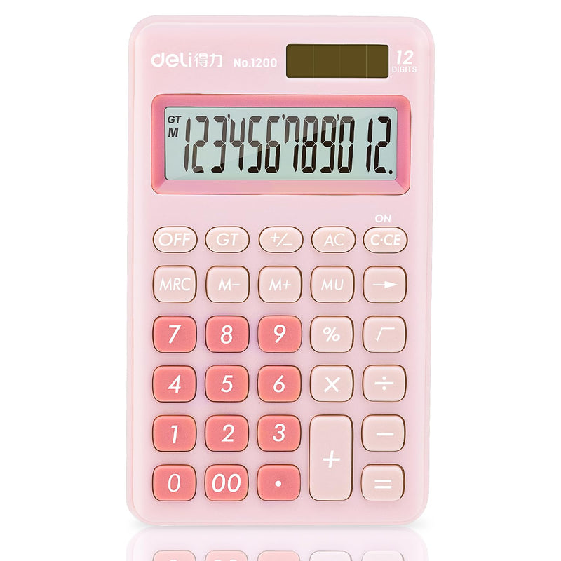 [Australia - AusPower] - deli Standard Function Basic Calculator, 12 Digit Desktop Calculator with Large LCD Display, Solar Battery Dual Power Office Calculator, Pink Small Pink 