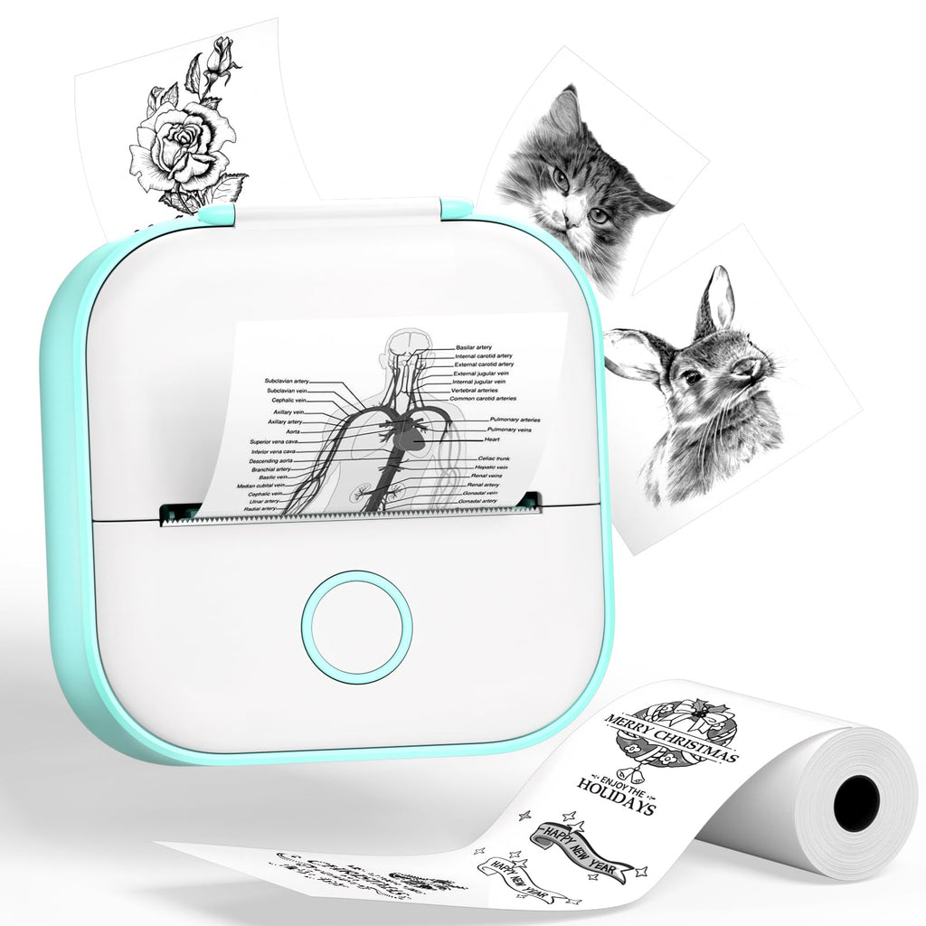 [Australia - AusPower] - Phomemo Sticker Printer- T02 Mini Printer Sticker Maker Inkless Printer Portable Bluetooth Thermal Pocket Photo Printer for Study Notes, Stickers, Photos, DIY, for Birthday, Green 1 Printer + 1 Roll Paper 