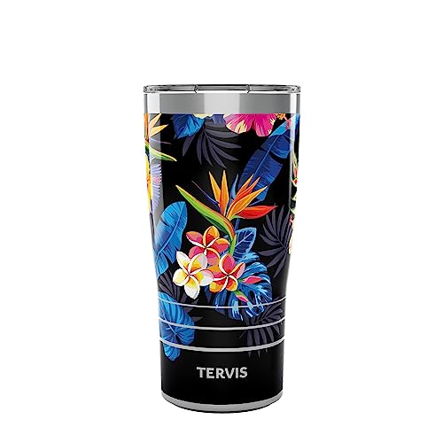 Tervis Traveler Tropical Collection Floral flower bright bold black hibiscus palm bird paradise Triple Walled Insulated Tumbler Travel Cup Keeps Drinks Cold & Hot, 20oz, Stainless Steel