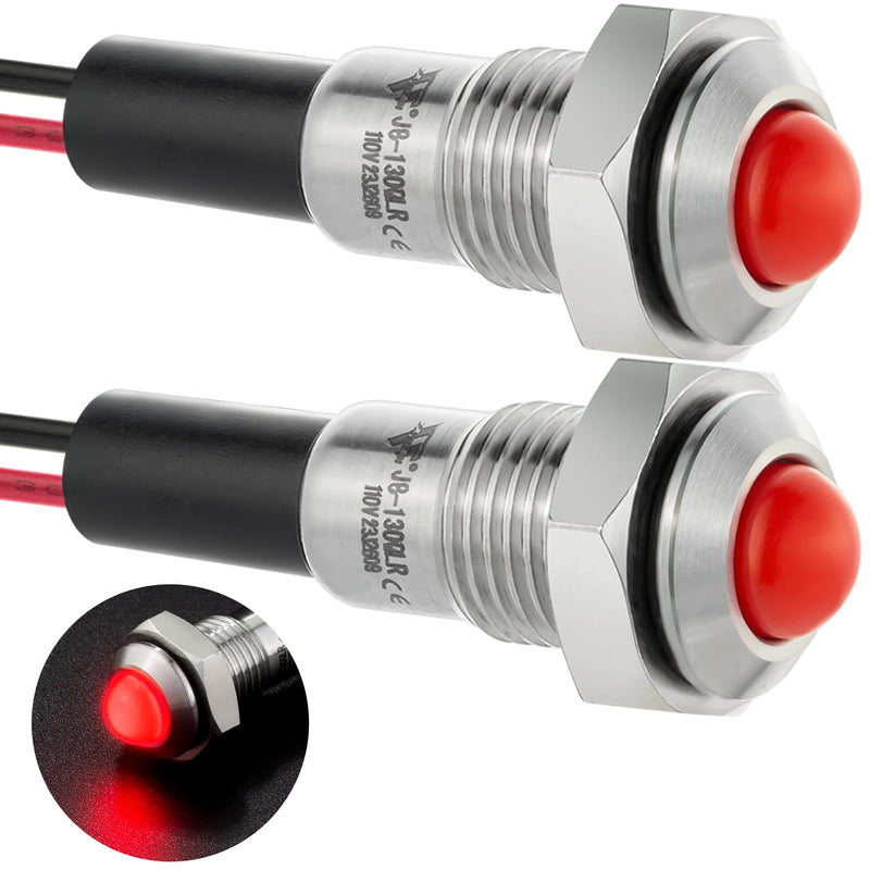 [Australia - AusPower] - Mini Indicator Light 8mm 0.31" Waterproof Domed Sphere High Head Metal Stainless steel Signal Lamp 110V/120V LED Pilot Light with 140mm/5.5" Red 110-120V DC/AC 