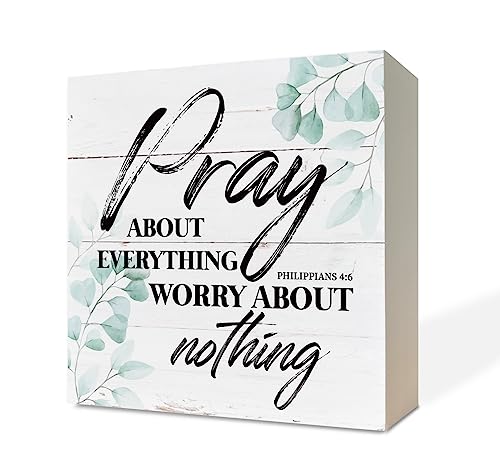 Christian Wood Sign - Bible Verse Philippians 4:6 - Pray about Everything, Worry about Nothing - Tabletop, Home Desk Decor, Motivational Gift