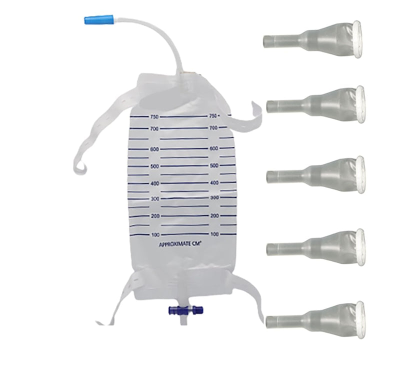 [Australia - AusPower] - Complete Kit Urinary 5 days 5 Condom Catheters External Self-Sea + Leg Bag 750ml + Straps with a 5.9 inch 15 cm tube (Medium 25 mm 1 Inches) Medium 25 mm 1 Inch 