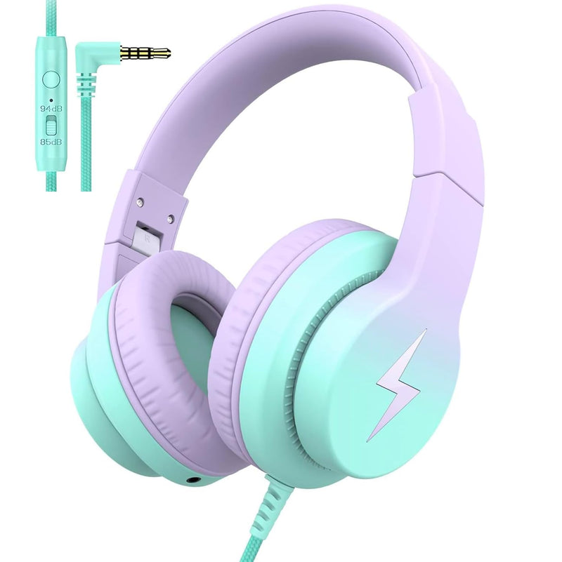 [Australia - AusPower] - Kids Headphones, Wired Headphones for Kids Over Ear with Microphone, 85/94dB Volume Limiter Headphones for Girls Boys with Sharing Jack, Foldable Headphones for Online Study,Gradient Purple Light Purple 
