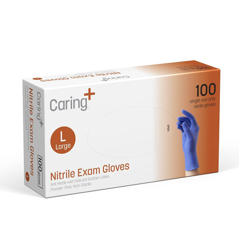 [Australia - AusPower] - Caring Nitrile Exam Gloves, Blue, Powder-Free, Disposable Gloves for Medical Care, First Aid, Cleaning, Food Prep Large (Pack of 100) 