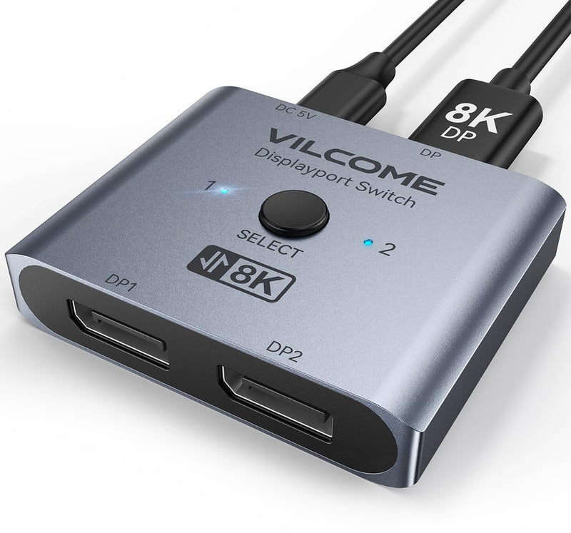 [Australia - AusPower] - Vilcome DisplayPort Switch 8K Splitter, Plug & Play, One-Button Switching, Bidirectional Display Port Switcher Box 2 in 1 Out/ 1 in 2 Out, 8K@60Hz, 4K@120Hz, 1080P@240Hz for PC Monitor Laptop (Gray) Gray 