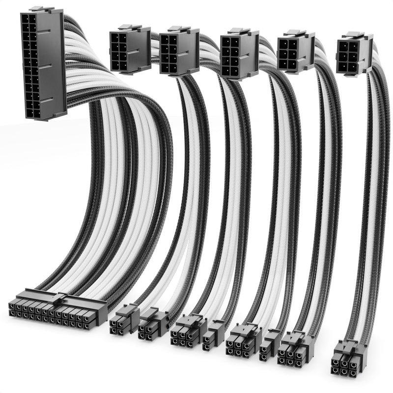 deleyCON Power Supply Cable Extension Set 30 cm 6-Piece Black White | Short 30 cm, for graphics card, PC, motherboard, ATX 24-pin, EPS 4+4-pin, PCIe 6+2-pin & 6-pin, power cable male to female