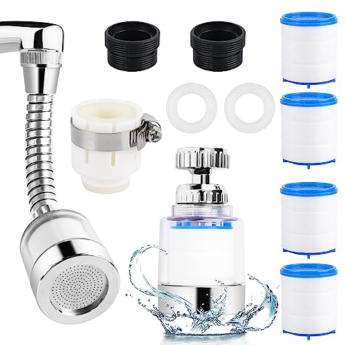 MplehDa 2 Pieces Water Filter for Tap, 360° Filter, with 4 Pieces Cotton Filter Element, Extension, Descaler Attachment Kitchen Bathroom (B) B