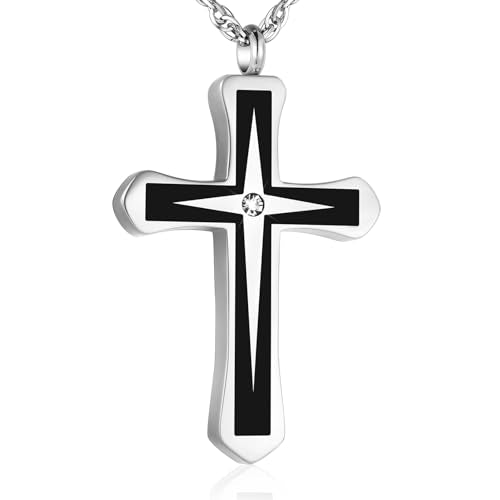 XIUDA Cross Urn Necklaces for Ashes Crystal Cremation Pendant Urns for Human Ashes Memorial Keepsake Cremation Jewelry for Men Women Silver