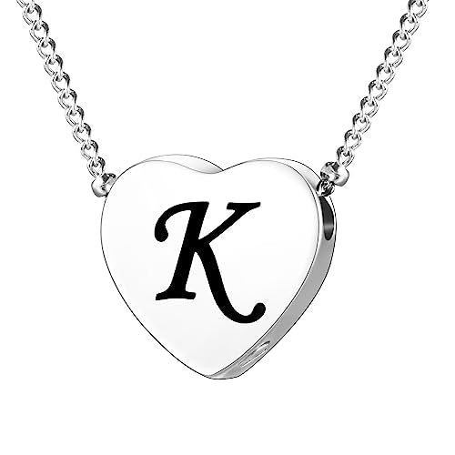 XIUDA Cremation Jewelry for Ashes Personalized Initial Heart Urn Necklace for Women Men Stainless Steel Keepsake Memorial Pendant for Human Ashes Silver, K