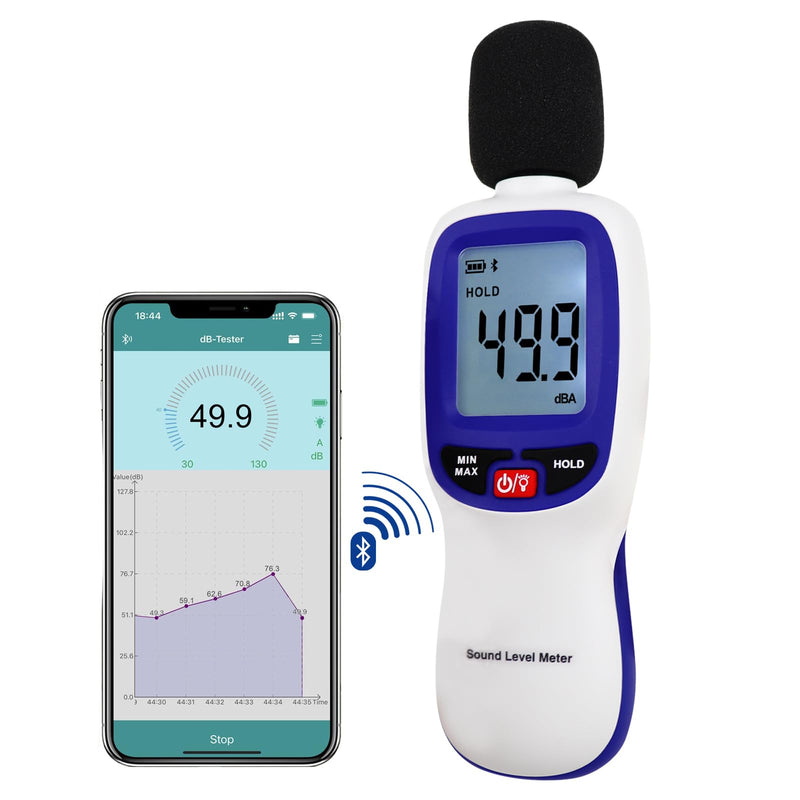 [Australia - AusPower] - Decibel Meter Bluetooth, Digital Sound Level Reader with Data Logging,Smart Noise Decibel Meter 30dB to 130dB Data Hold Alarm with Backlight LCD Display A/C Weighted SPL Meter for Classroom, Factory Bluetooth Decibel Meter 
