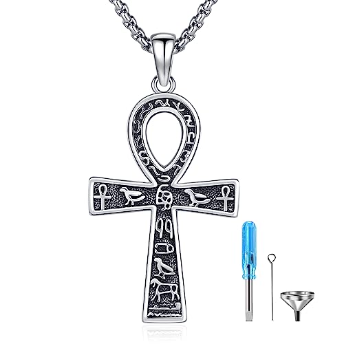 Cremation Jewelry 925 Sterling Silver Urn Necklace for Ashes for Women Men Memorial Pendant for Human Ashes Keepsake Put in Ashes of Loved Ones Cat Pet H-Ankh Cross