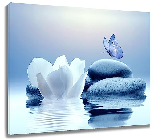 EOBTAIN Zen White Flower Canvas Wall Art Floral and Blue Butterfly on Stone Modern Framed Picture Yoga Spa Spiritual Painting Artwork Print Decor for Bathroom Bedroom Living Room 24x16 Inches 16"L x 24"W