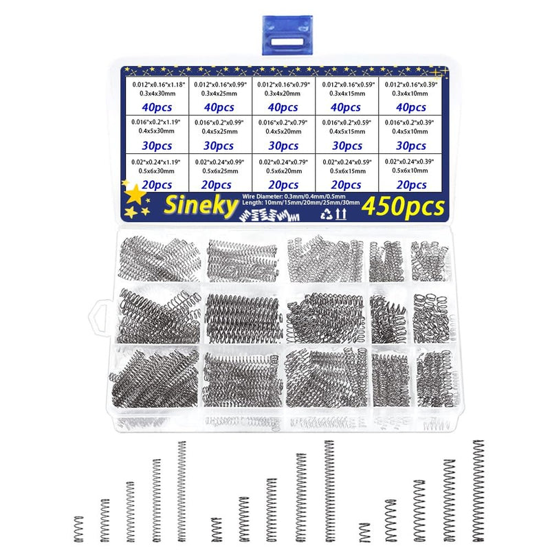 [Australia - AusPower] - 450pcs Compression Springs Assortment Kit, Small Spring Set for DIY Repair Project, 15 Different Sizes Stainless Steel Compressed Spring Kit 10-30mm (0.39"-1.18") Length 450pcs 