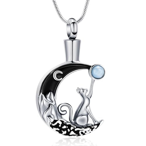 Hearbeingt Moon Cat Urn Necklaces for Ashes Pet Cremation Jewelry Silver