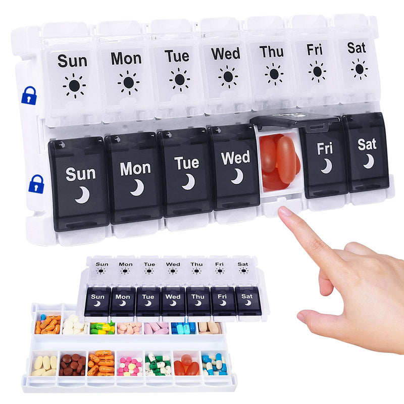 [Australia - AusPower] - HRX Package Pill Organizer 2 Times a Day, Easy Fill & Open Weekly Medicine Box Vitamin Cases for 7 Day AM PM Black and White 
