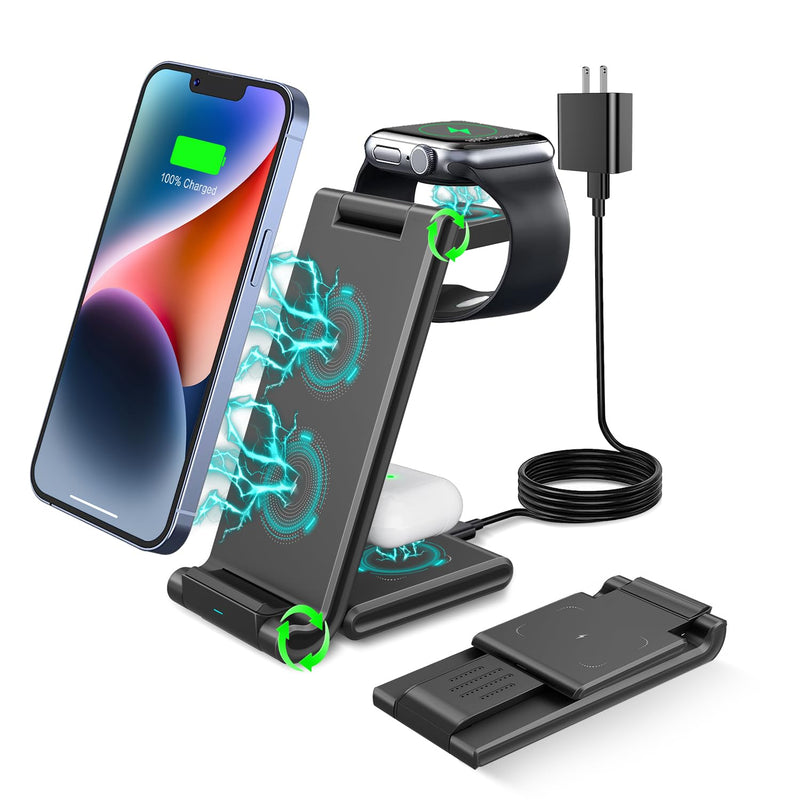 [Australia - AusPower] - 3 in 1 Wireless Charger,Fast Wireless Charging Station for Multiple Devices,Foldable Travel Charging Pad Stand for iPhone14/13/12/11/X/SE/8,Samsung,AirPods3/2/Pro,iWatch SE/8/7/6/5/4/3/2,Black 