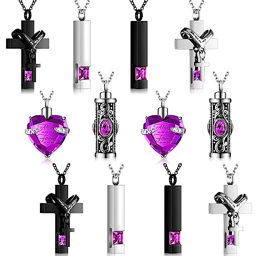 Henoyso 12 Pcs Urn Necklace for Ashes Bulk Cremation Cross Heart Cubic Jewelry Stainless Steel Memorial Locket for Men Women Purple