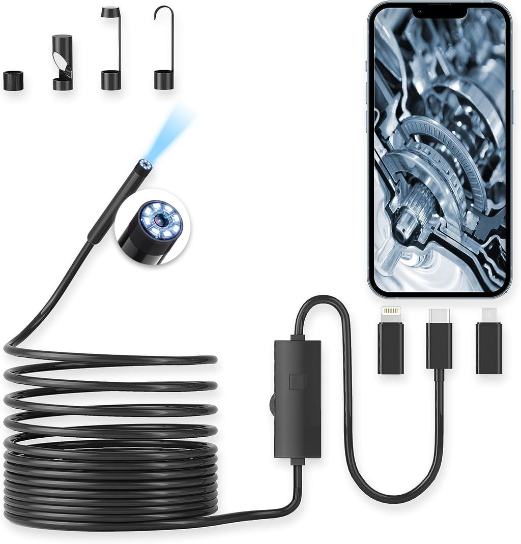 Endoscope Camera with Light, 1920P HD Borescope with 8 Adjustable LED Lights, 10ft Semi-Rigid Snake Cable, 7.9mm IP68 Waterproof Industrial Inspection Camera Compatible for Android, iPhone, iPad