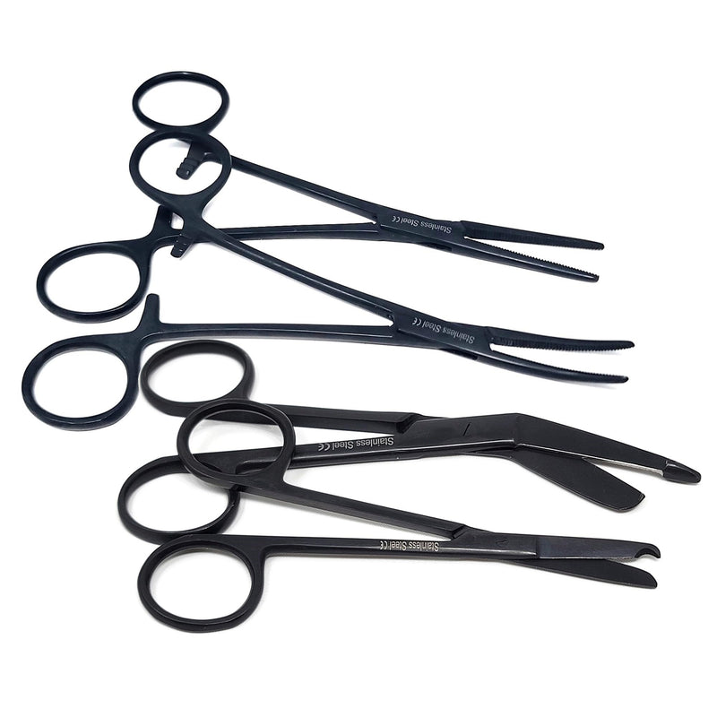 [Australia - AusPower] - Set of 4 Bandage Scissors 5.5", Stitch Scissors 4.5" and Hemostat 5.5" Straight Curved Made of Premium Quality Stainless Steel (Jet Black) Jet Black 