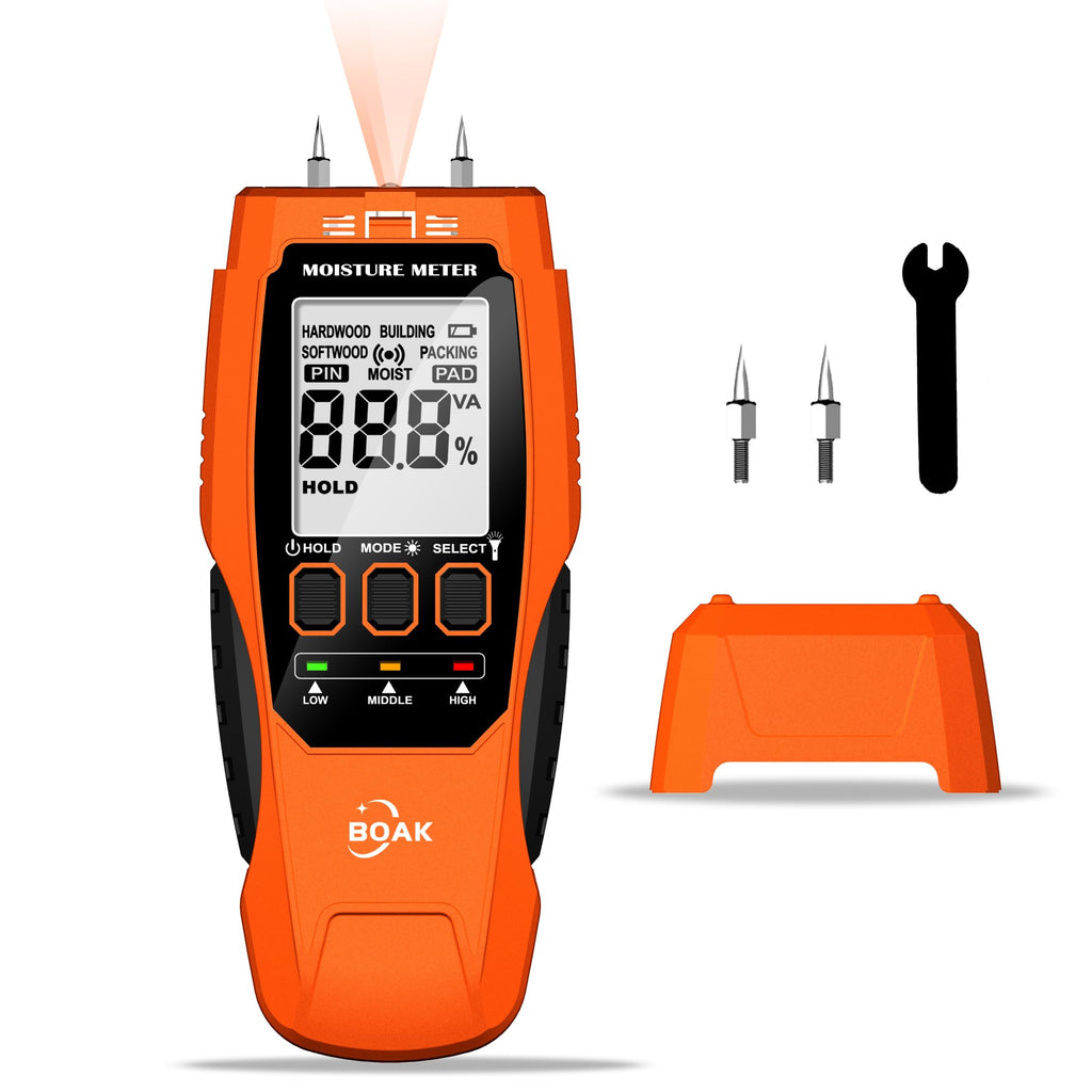 BOAK 2 in 1 Pin & Pinless Moisture Meter,Moisture Test Kit for Home With Self-Testing,Water Leak Detector,Moisture Sensor for Firewood,Drywall Mold Detector With Illumination and Alert.