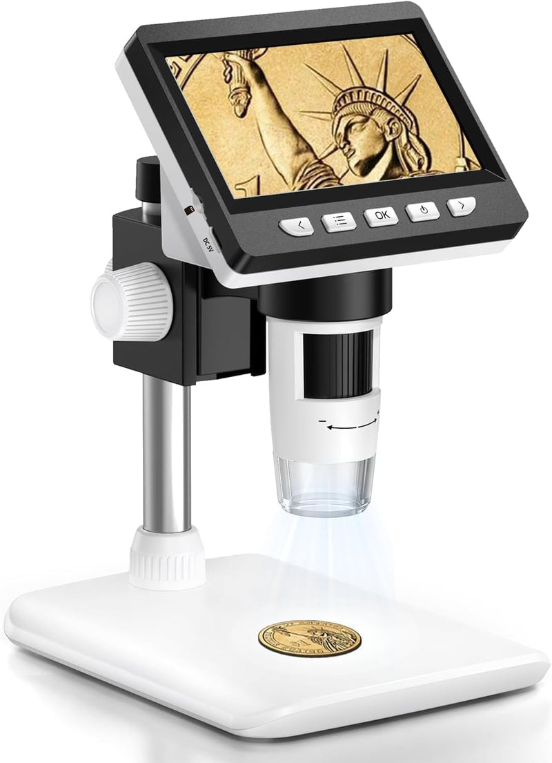 AOPICK Microscope Mobile Phone, LCD Digital Microscope 50X-500X Resolution, 4.3 Inch 1080P USB Microscope with 8 Adjustable LED Lights, PC View, for Adults / Children, Compatible with MacOS Windows White Small