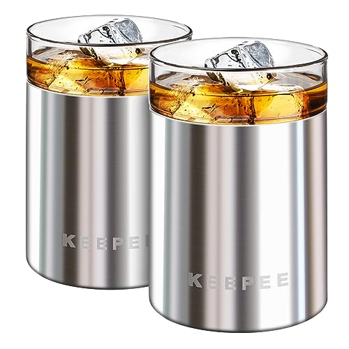 Whiskey Glasses Set of 2, Insulated Tumbler with Removable Glass Insert, Insulated Cocktail Glass, Old Fashioned Lowball for Margaritas, Bourbon, Whiskey, 10oz, Stainless Steel