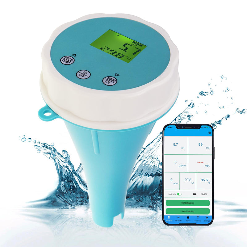 [Australia - AusPower] - Floating Smart Digital Pool Thermometer - 6-in-1 Bluetooth Water Meter, IP67 Waterproof, Tests EC, Salinity, pH, ORP, Temperature, Chlorine for Swimming Pools, Hot Tubs, Ponds 