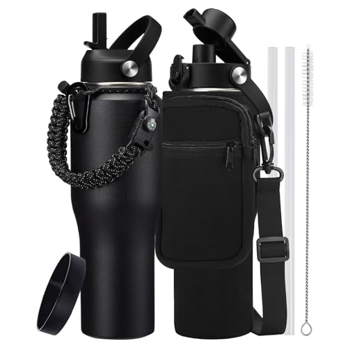 32 oz Insulated Water Bottle Fits Car Cup Holder with Straw Lid & Auto Lid Onyx Black 32 Ounces