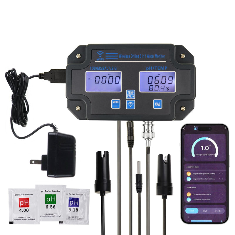 [Australia - AusPower] - 6 in1 PH Meter for Water Hydroponics Accuracy Digital PH Tester pH/EC/TDS/Salt/SG/Temperature Meter with Wireless Wi-Fi PH Monitor via Mobile APP for Household Drinking, Pool and Aquarium 