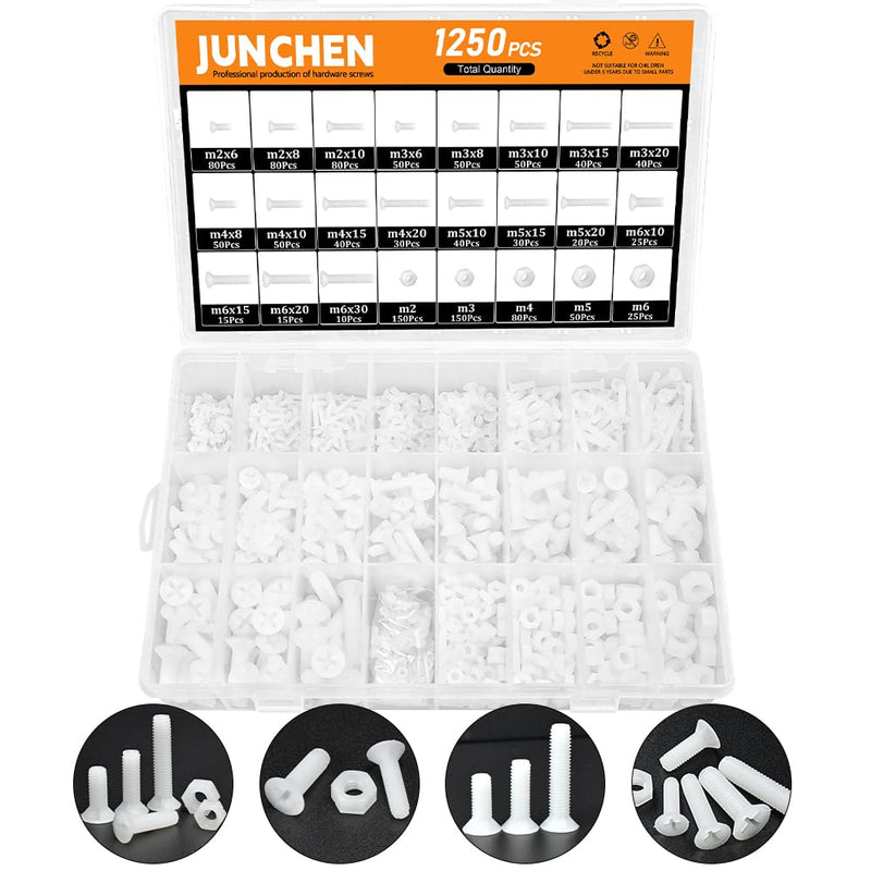[Australia - AusPower] - 1250PCS White Flat Head Phillips Screws Bolts and Nuts, M2 M3 M4 M5 M6 Metric Full Threaded Phillips Cross Recessed Nylon Plastic Bolts Nuts Assortment Kit Set for Insulate or Fasten PCB Board 