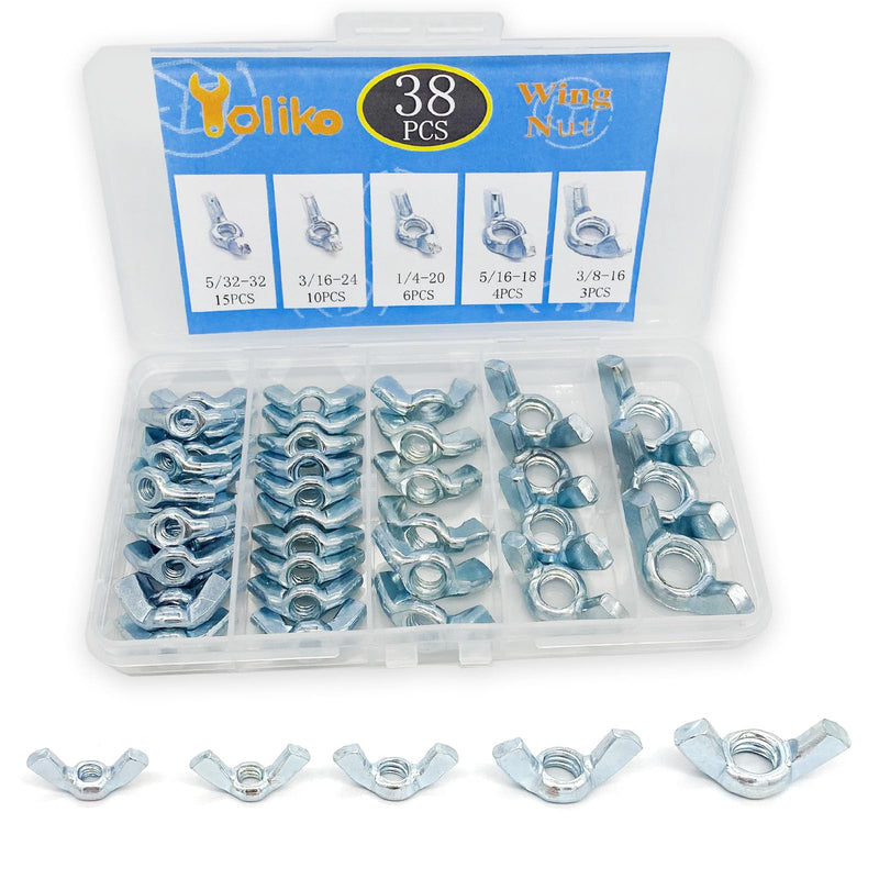 [Australia - AusPower] - 38 Pcs 5 Sizes 5/32",3/16",1/4",5/16",3/8" Wingnuts, Quality Carbon Steel Wing Nuts Zinc Plated Fasteners Parts Butterfly Nut, Hand Twist Tighten Hardware Nuts Butterfly Wing-Nut Assorted Kit 5 Sizes-38 Pcs 