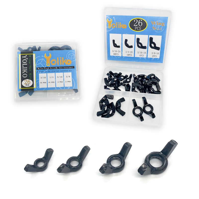 [Australia - AusPower] - 26 Pcs 4 Sizes 3/16",1/4",5/16",3/8" Wingnuts, Quality Carbon Steel Wing Nuts Black Zinc Plated Fasteners Parts Butterfly Nut, Hand Twist Tighten Hardware Nuts Butterfly Wing-Nut Assorted Kit 4 Sizes-26 Pcs-Black 