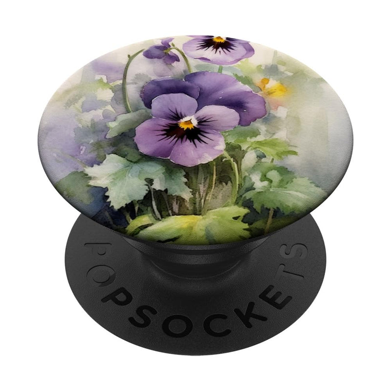 [Australia - AusPower] - watercolor Purple Pansy Flower Floral Art Gardening PopSockets Swappable PopGrip Black 