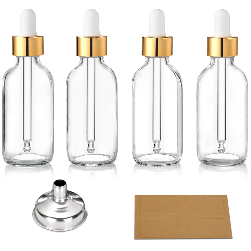 [Australia - AusPower] - AOZITA Set of 4, 2 oz Golden Cap Clear Dropper Bottles (60ml) with 1 Funnel & 4 Labels - Glass Tincture Bottles for Essential Oils with Eye Droppers - Leak Proof Travel Bottles for Liquids 