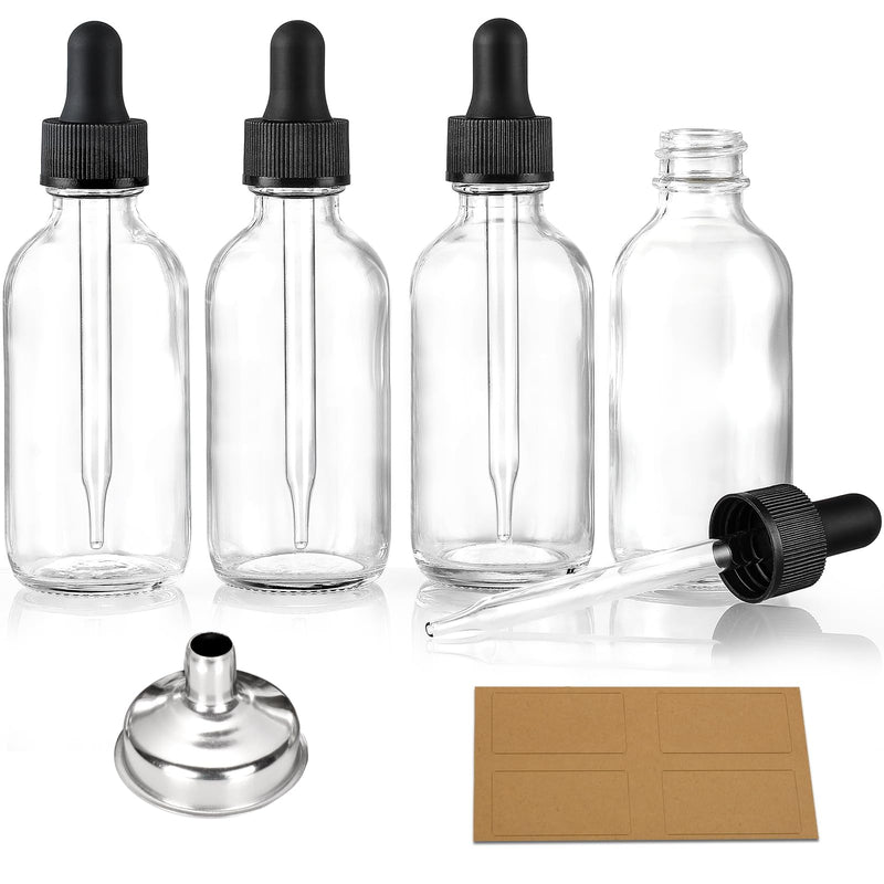 [Australia - AusPower] - AOZITA Set of 4, 1 oz Clear Eye Dropper Bottles with 1 Stainless Steel Funnels & 4 Labels - Black Caps 30ml Thick Glass Tincture Bottles - Leakproof Essential Oils Bottle for Storage and Travel Black Cap 