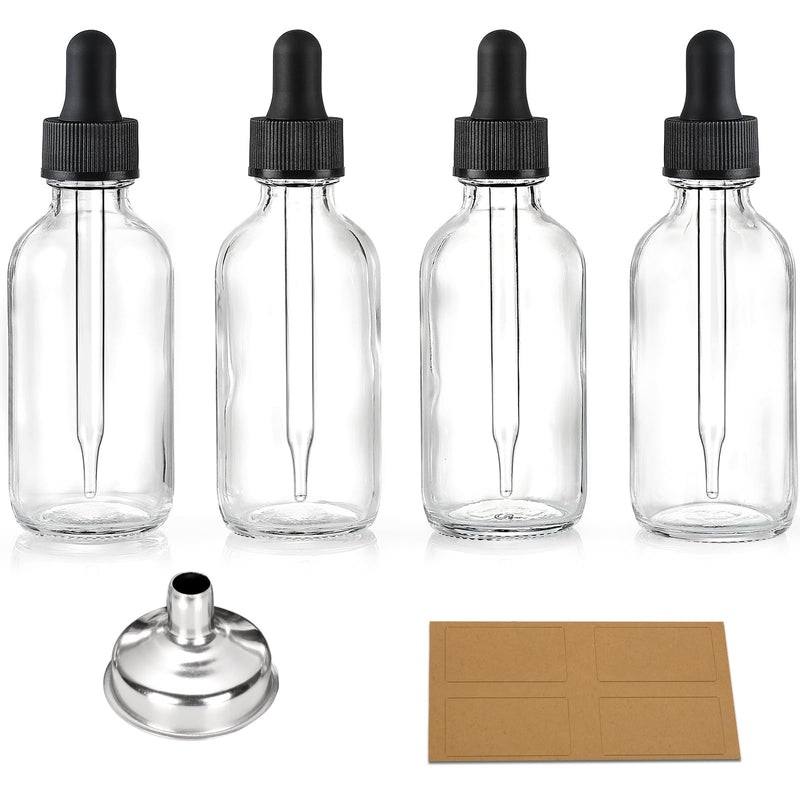[Australia - AusPower] - AOZITA 4 Pcs, 2 oz Clear Eye Dropper Bottles with 1 Stainless Steel Funnels & 4 Labels - Black Caps 60ml Thick Glass Tincture Bottles - Leakproof Essential Oils Bottle for Storage and Travel Blank Dropper 