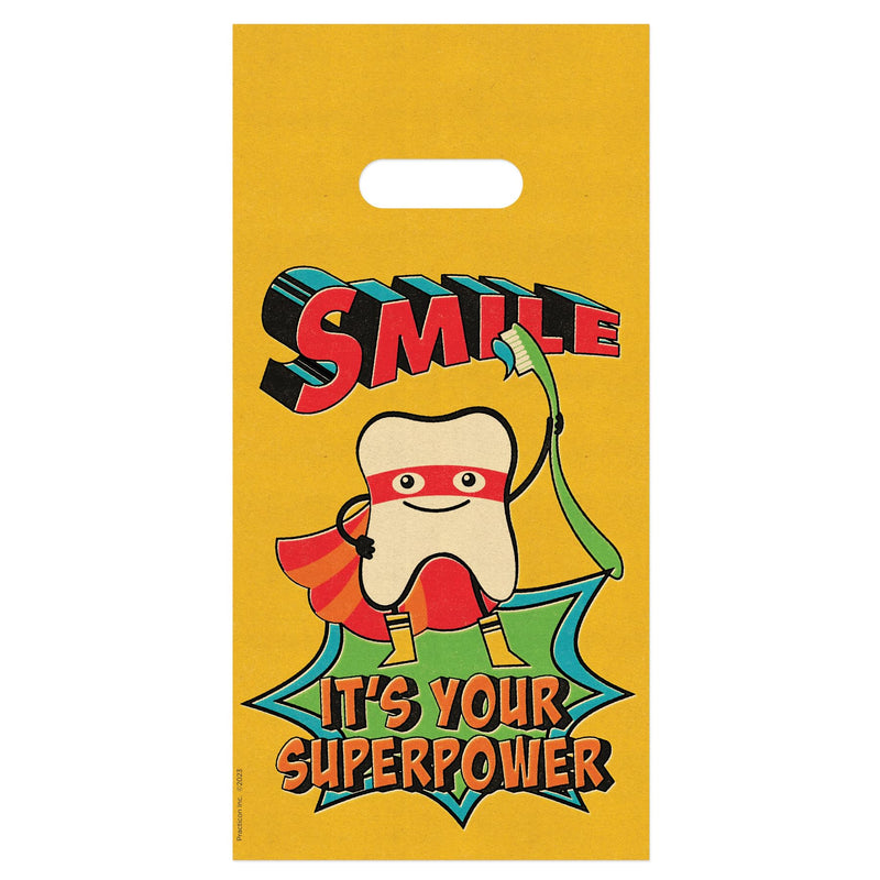 [Australia - AusPower] - Practicon Smile Superpower 6" x 12" Dental Giveaway Bag, Dental Hygiene Patient Care Goodie Bag, Dentist Office Plastic Gift Bags, 100 Pack 6" x 12" 