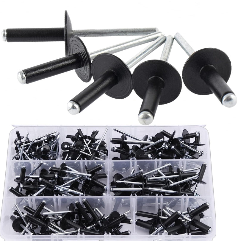 [Australia - AusPower] - 220PCS Large Flange Aluminum Blind Rivets?Black Rivets Pop Rivets Assortment Kit, 7 Sizes Aluminum Rivets (1/8" 5/32"3/16") Assorted Blind Rivets with Case 