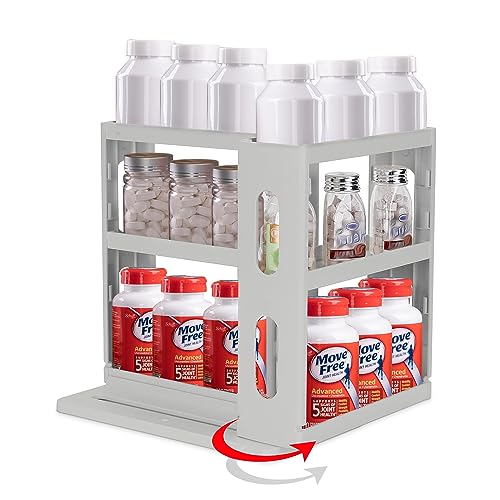 Dutiplus Medicine Organizer 2-Tier Extendable & Rotating Shelf for Vitamins Supplements Cosmetics 27cm H x 14cm W x 26cm D (Advanced Gray) Advanced Grey