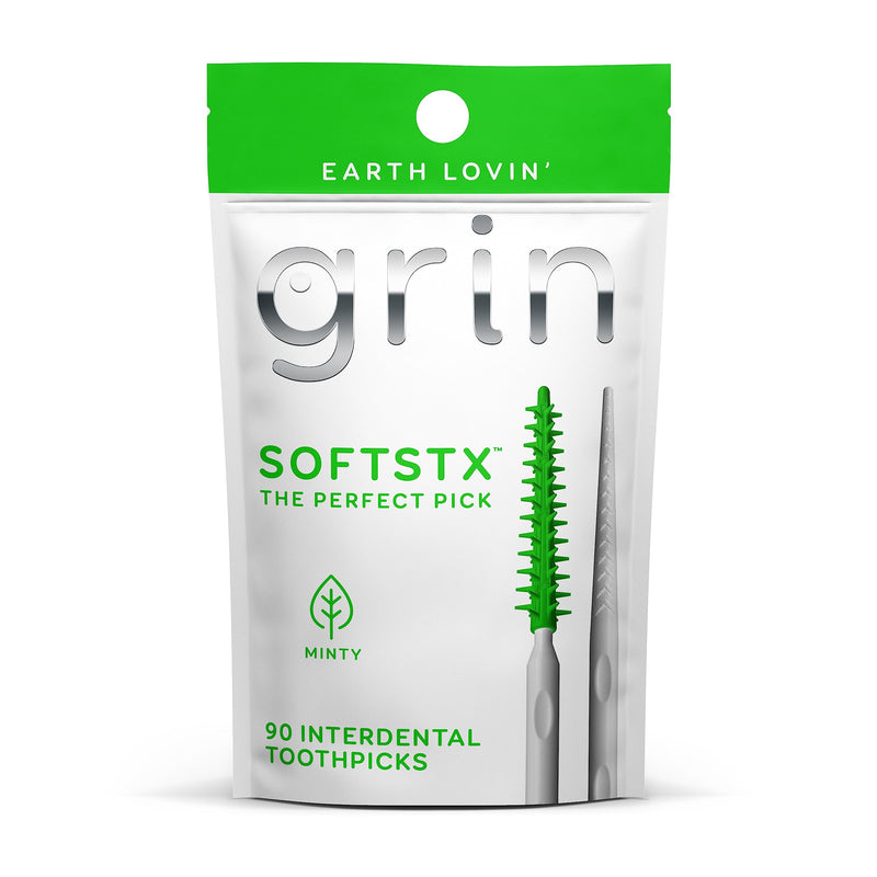 [Australia - AusPower] - Grin Softstx, Gentle Dental Picks, 90 Count, Soft Flexible Bristles, Textured Plaque Removing Toothpick, Minty Flavor, for Between Teeth, Refillable Hygienic Case, for Braces, Bridges, and Implants 