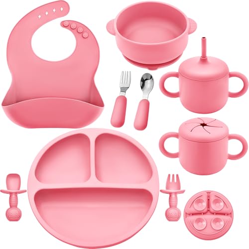 Bufims 9-piece silicone baby feeding set in pink, includes flatware designed for baby led weaning with colorful, child-friendly utensils.
