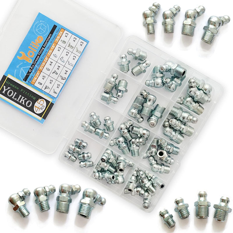 [Australia - AusPower] - 1/4"-3/8" 45Pcs 4 Sizes Grease Fitting Assortment Straight 45 90 Degree Grease Zerk Fittings,Galvanized Steel Grease Fittings and grease gun tips for Industrial/Agricultural Machinery 4Size-45Pcs 