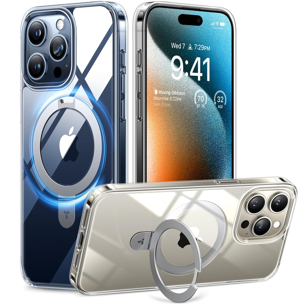 [Australia - AusPower] - TORRAS Magnetic Ostand for iPhone 15 Pro Max Case, [Military Grade Drop Tested][Compatible with MagSafe][Build in Kickstand] Clear Slim Hard Back Soft Edge Anti-Fingerprint, Clear Crystal Clear 
