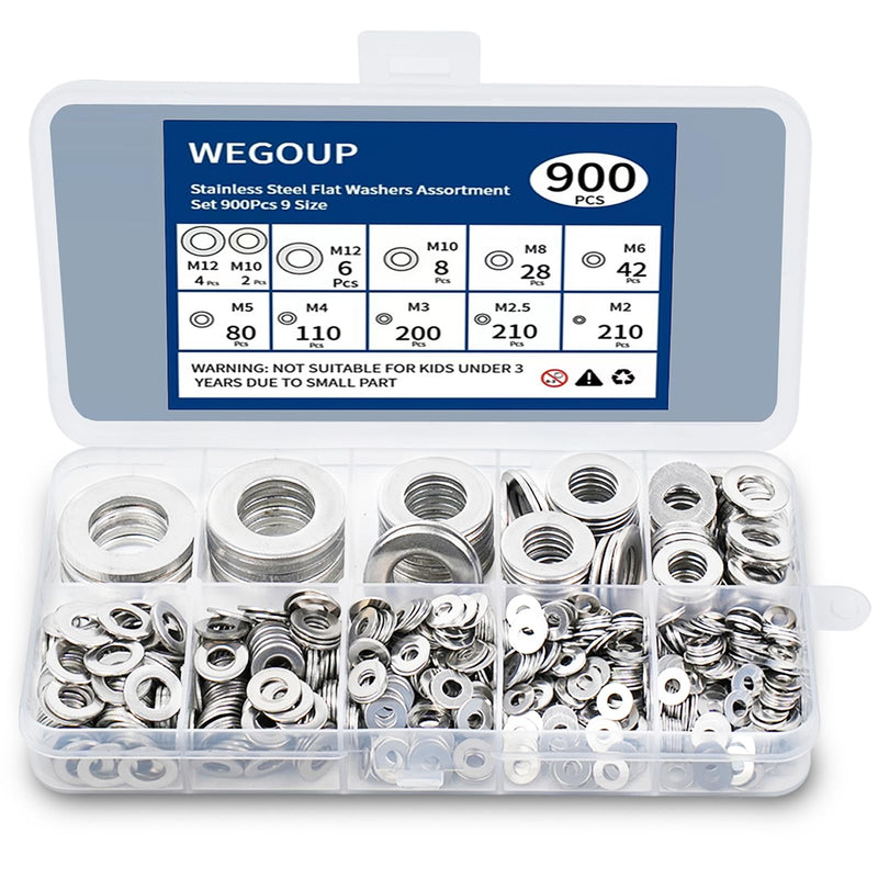 [Australia - AusPower] - Washers, 900 Pcs Washers for Screws, 304 Stainless Steel Flat Washers, Flat Washers for Bolts Assortment, Fender Washers Set, 9 Sizes?M2 M2.5 M3 M4 M5 M6 M8 M10 M12) for Industrial 