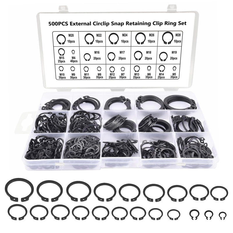 [Australia - AusPower] - 500Pcs External Circlip Snap Retaining Clip Rings Assortment Kit, Alloy Steel Snap Ring Shop Assortment Set, 21 Sizes External Retaining Rings of M4-M28 C-Clip 500PCS 