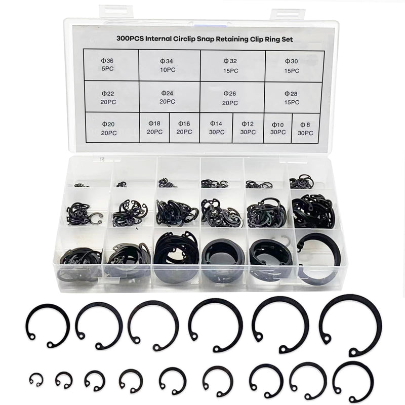 [Australia - AusPower] - 300-Pcs Internal Circlip Snap Retaining Clip Ring Assortment Set, Alloy Steel Internal Snap Ring Circlip Snap Retaining Clip Ring Assortment Set, Includes 15 Sizes of M8-M36 Internal Retaining 300PCS 