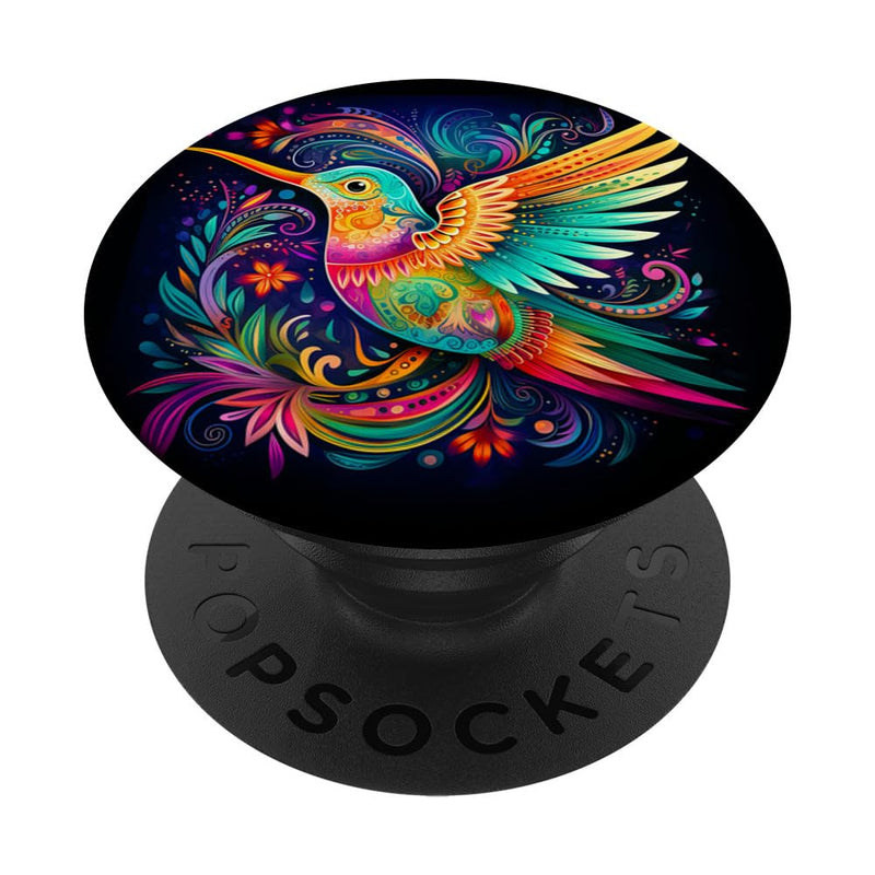 [Australia - AusPower] - Floral Hummingbird Folk Art Ornamental Motifs Hummingbird PopSockets Swappable PopGrip Black 