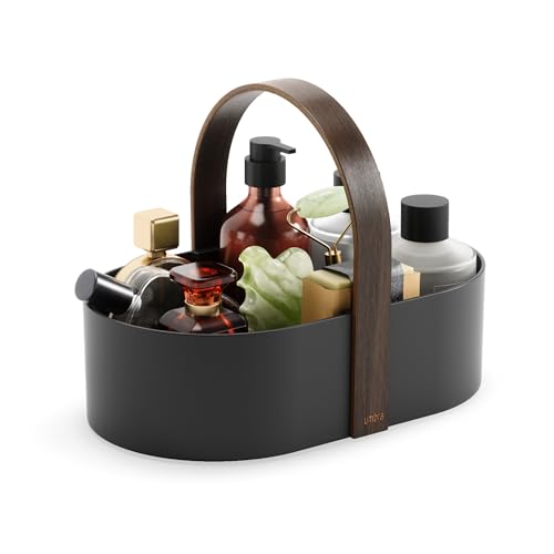 Umbra Bellwood caddy with wooden handle, small black and walnut shower organizer for makeup and toiletries.
