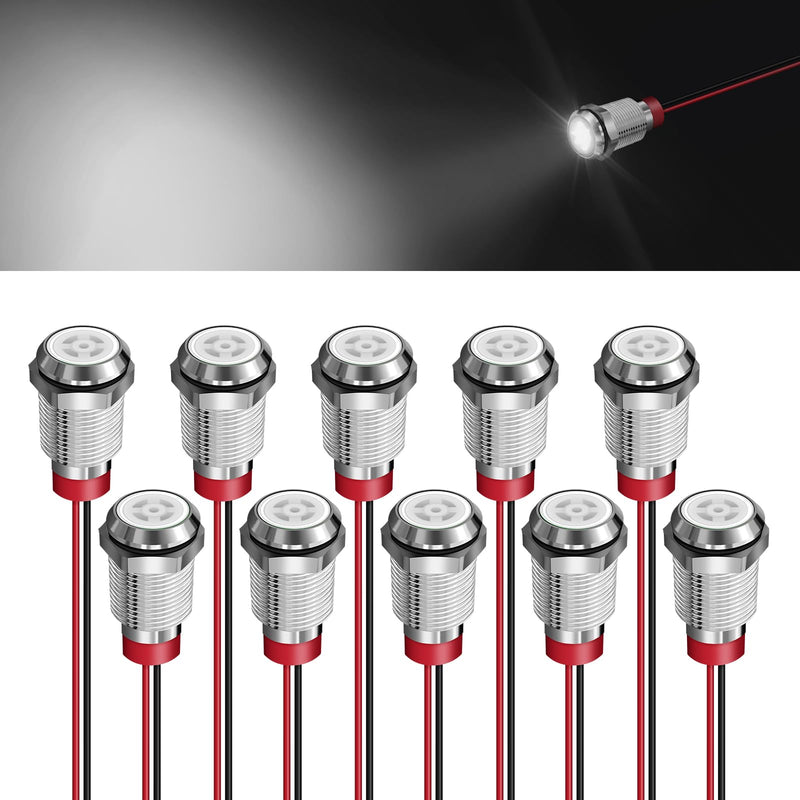 [Australia - AusPower] - 10 Pcs LED Metal Waterproof Indicator Light, 12-24V 2/5'' Mounting Hole Pre-Wired Pilot Signal Light for Car, Trucks, Boats, Marine, Dash, Industrial Electricity (White, 10mm) White 