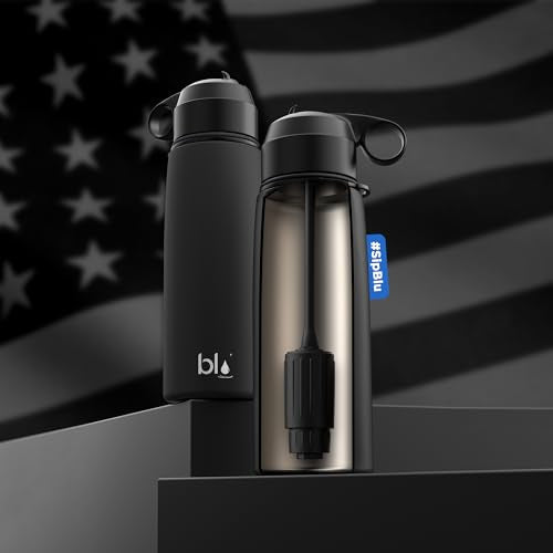 BLU All-in-ONE | Vacuum Insulated Stainless Steel Water Bottle Flask with a Filter (26oz) | Made in The USA | Removes 99.99% contaminants (Regular - Black) Bottle with Regular Filter